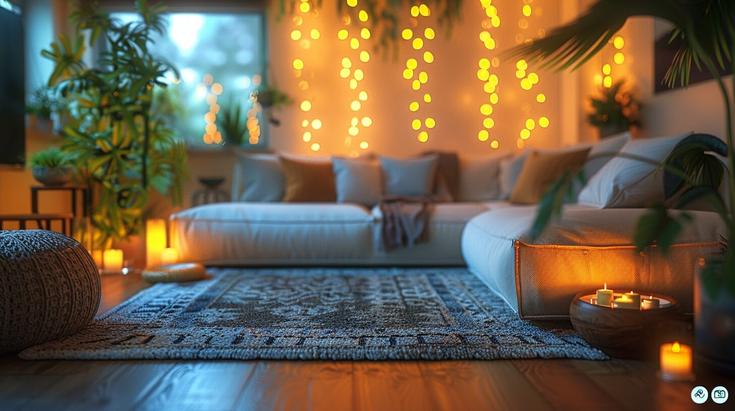 Cozy living room with mixed lighting.