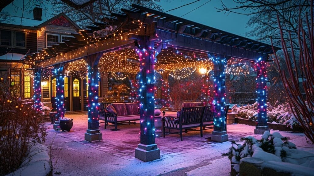 Cozy outdoor patio with colorful rope lights on pergola, trellis, and pathways.