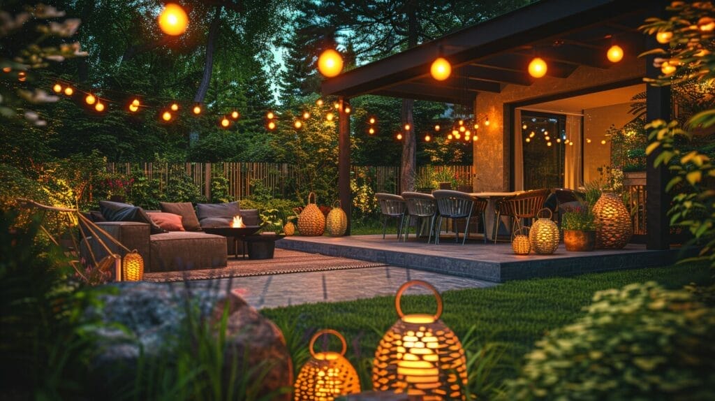 Cozy patio area at night with string lights above dining table, complemented by strategically placed lanterns and torches.