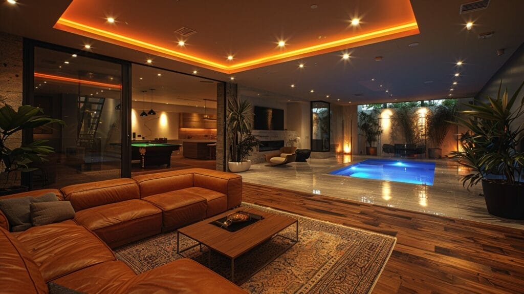 Cozy, warm-lit basement with seating and pool table.