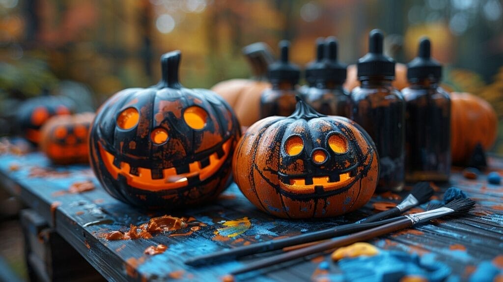 Crafting materials, including small solar lights, plastic pumpkins, black paint, paintbrushes, and glue sticks, spread out on a table.