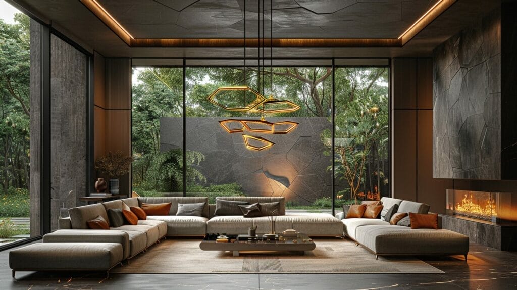 Custom-built chandelier in modern living room with warm glow.