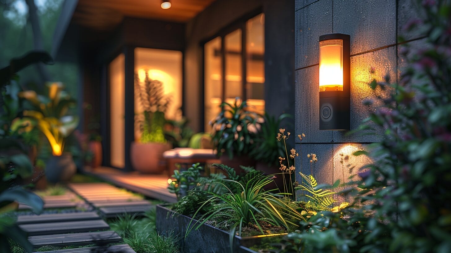 Dark outdoor area lit by wireless motion sensor light, highlighting security camera, plants, front door.