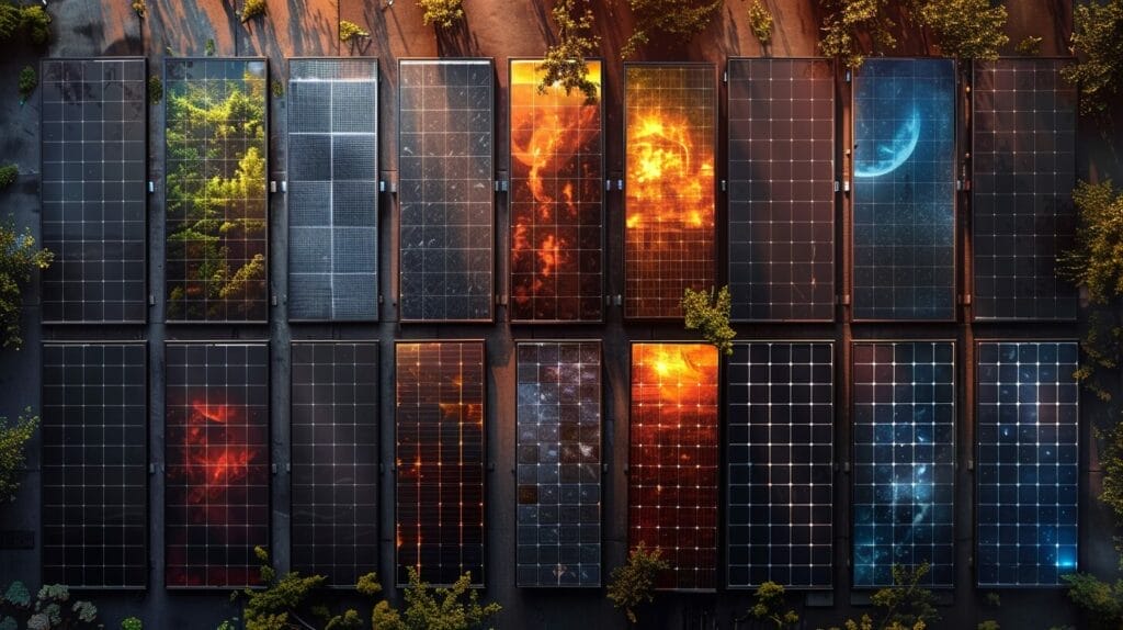 Different types of solar panel modules labeled and displayed side by side.
