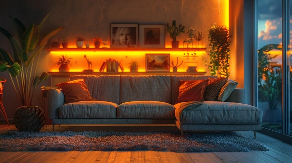 Dusky living room with hidden and floor lamp lighting.