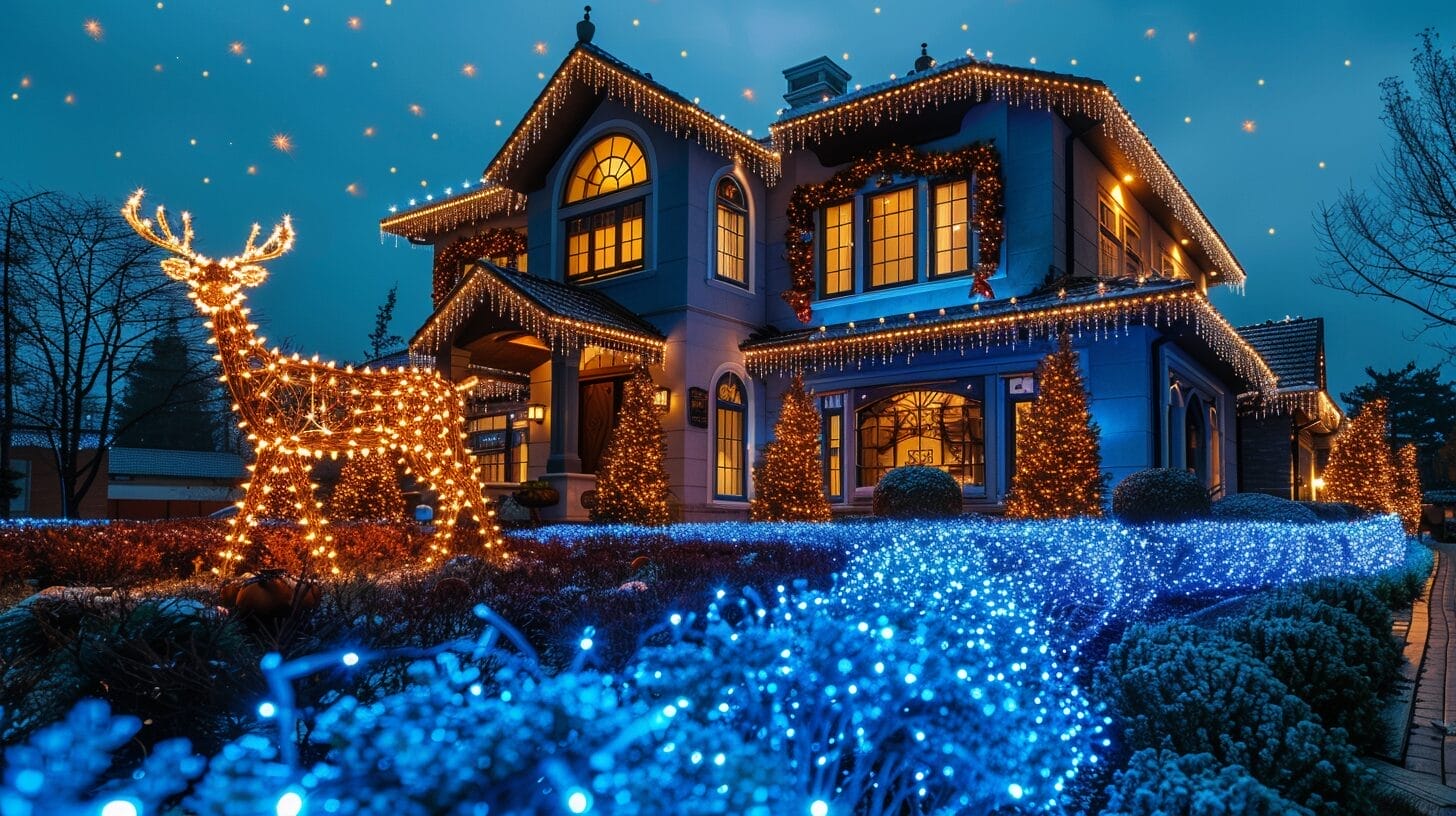 Festive house with colorful lights and glowing reindeer