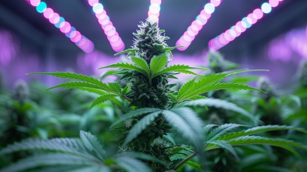 Flourishing cannabis plant with dense buds under a LED light on a 12-hour cycle, in full bloom.