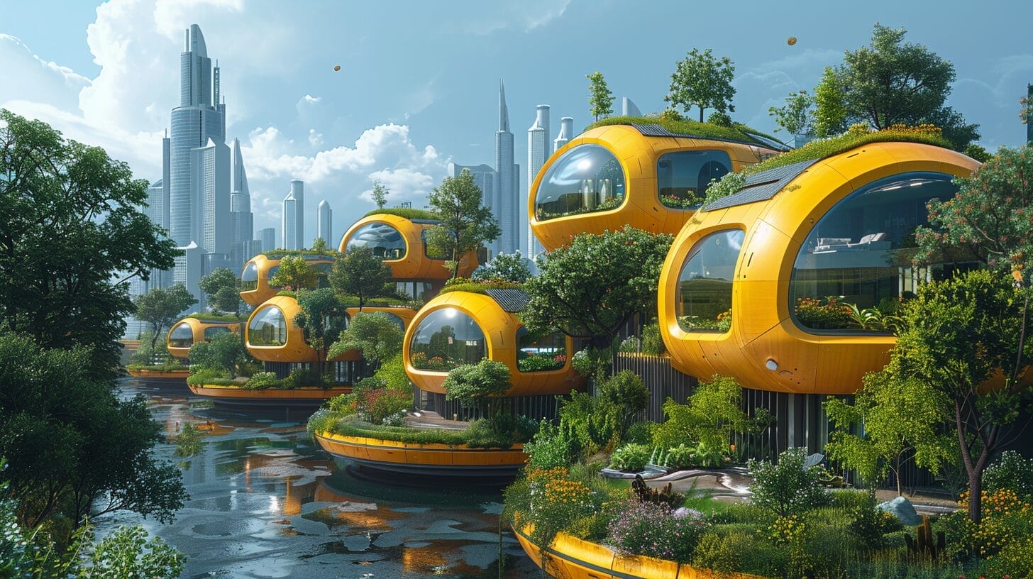 Futuristic cityscape with solar-powered homes.