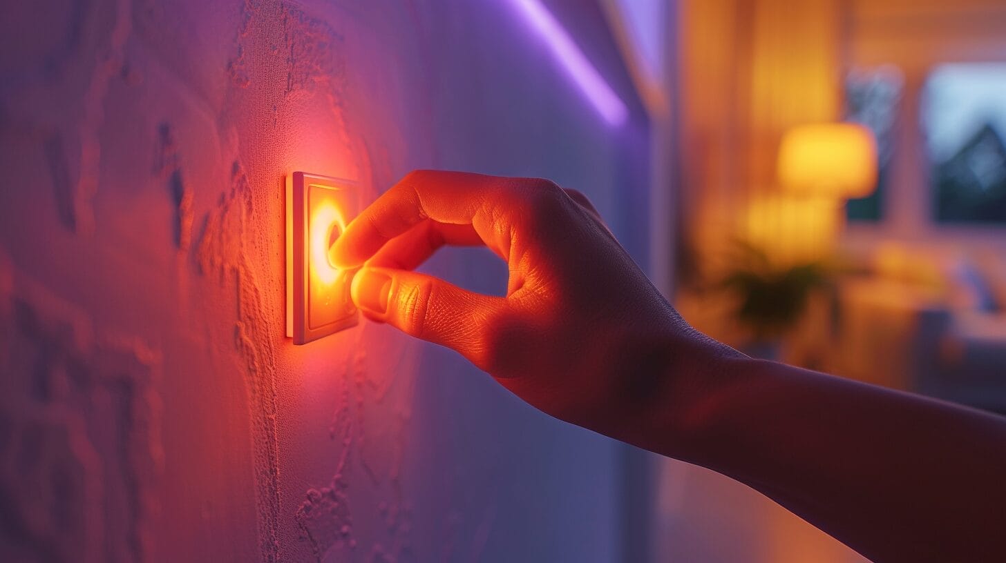 Hand adjusting modern LED dimmer switch, room softly lit without flicker.