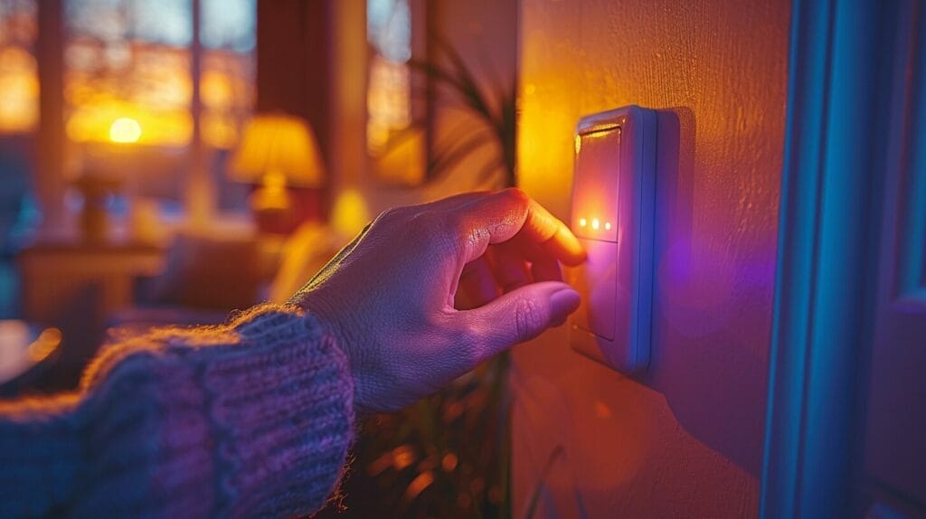 Hand adjusts sleek LED dimmer in cozy living room, soft and flicker-free lighting.
