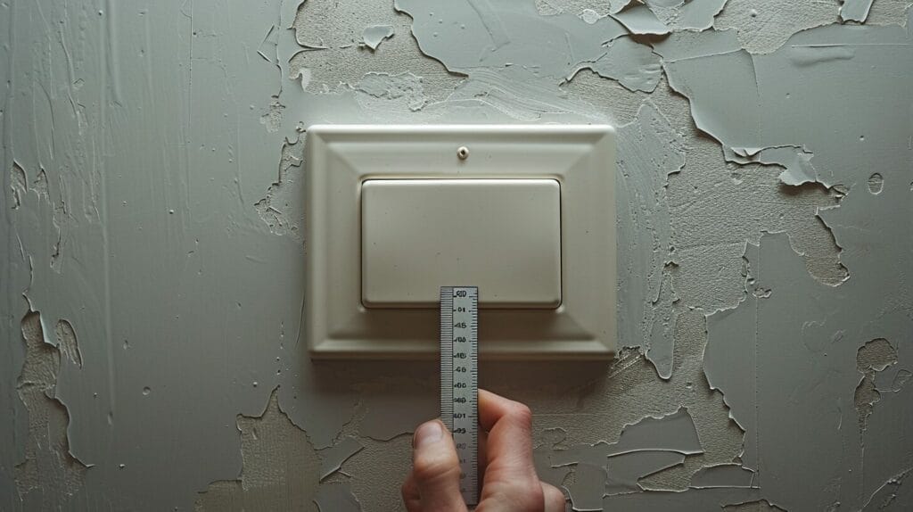 Hand measuring light switch cover with ruler on white wall.
