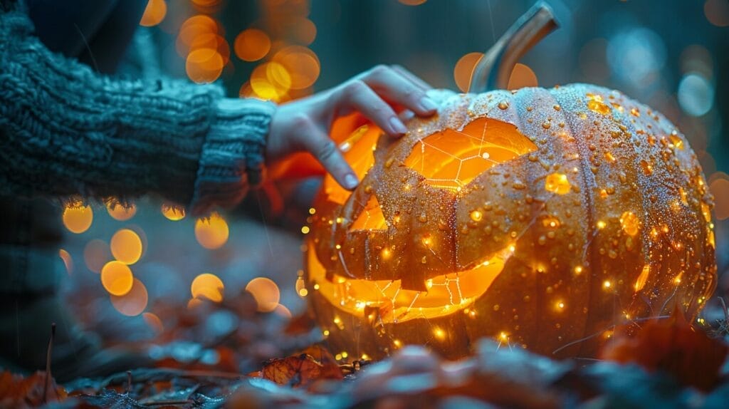 Hands inserting solar lights into carved pumpkins, creating gentle illumination.