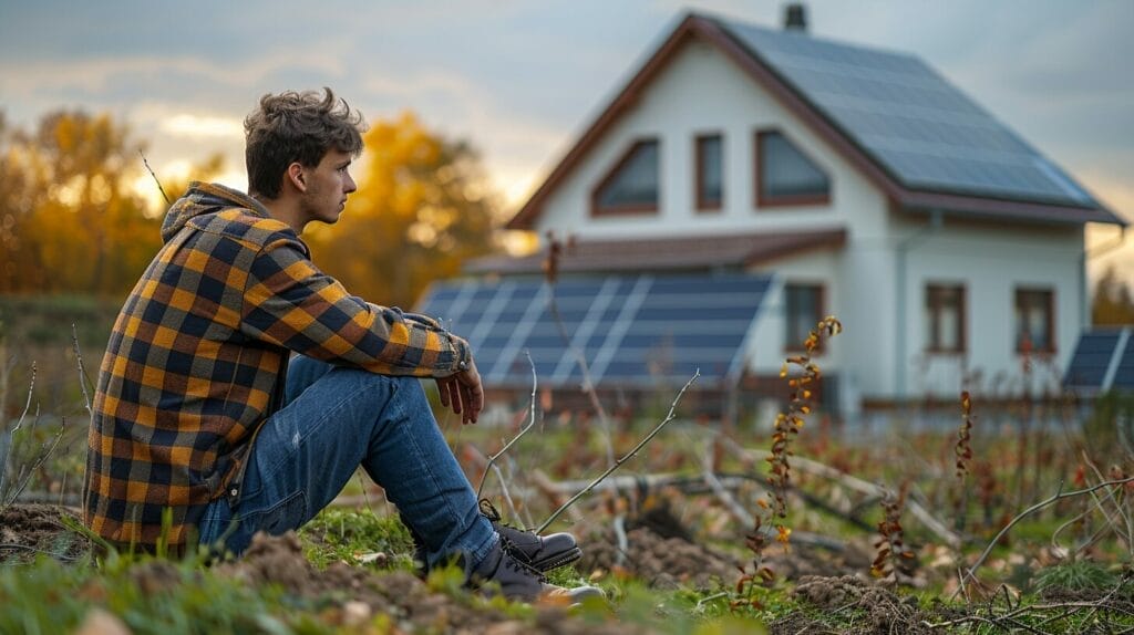 Homeowner distressed over solar panel costs, juxtaposed with expensive traditional energy bills