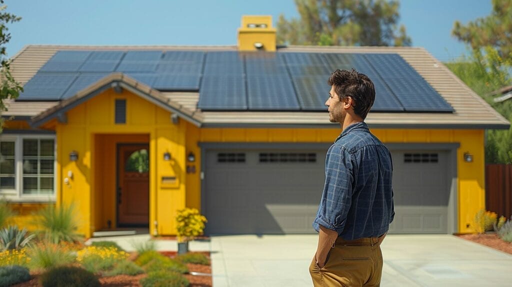 Homeowner inspects Tesla solar panels with technician support.