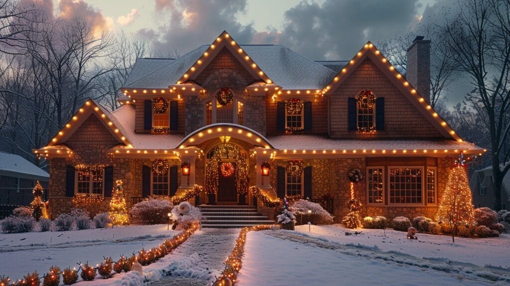House adorned with mixed Christmas lights and figures