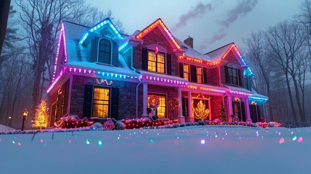 House with colorful lights, wreaths, and light-up reindeer