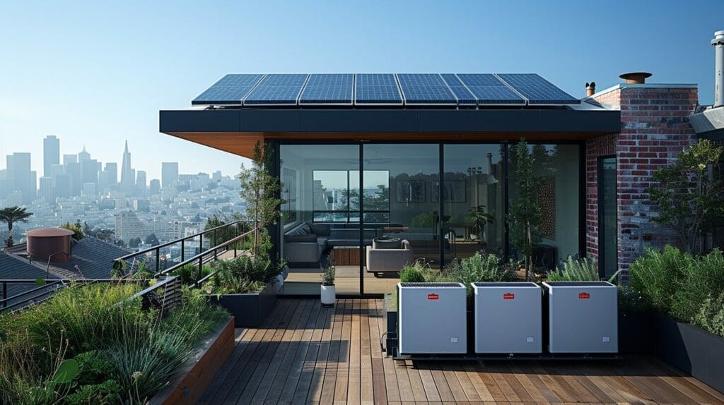 Image of a rooftop solar panel connected to a charge controller, batteries, and an inverter with labels.
