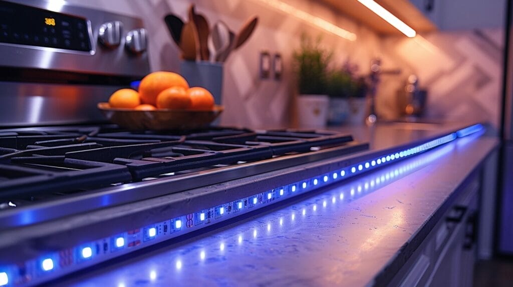 Installation of LED strip lights under kitchen cabinet.