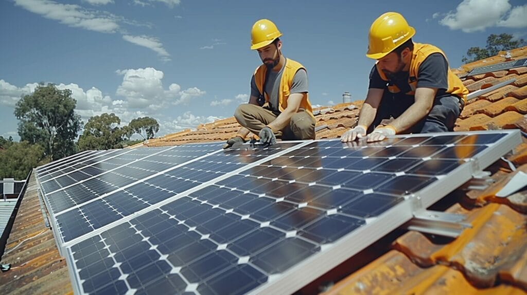 Installers mounting solar panels on Perth rooftop.