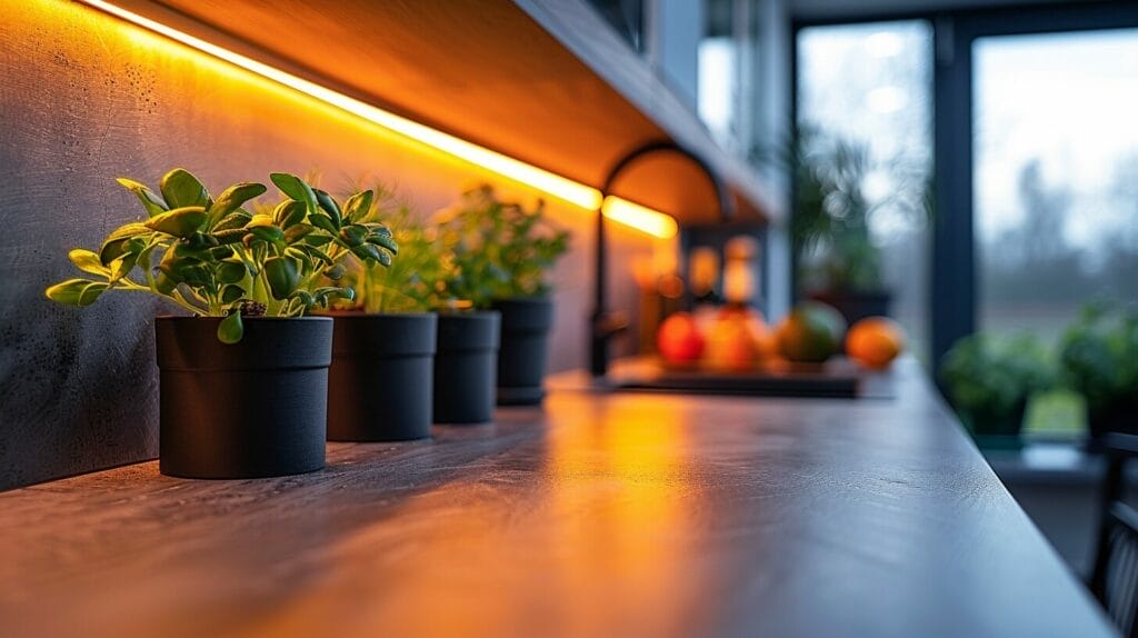 LED motion sensor cabinet light illuminating a dark cabinet, highlighting features like adjustable brightness, easy installation, and durable battery.