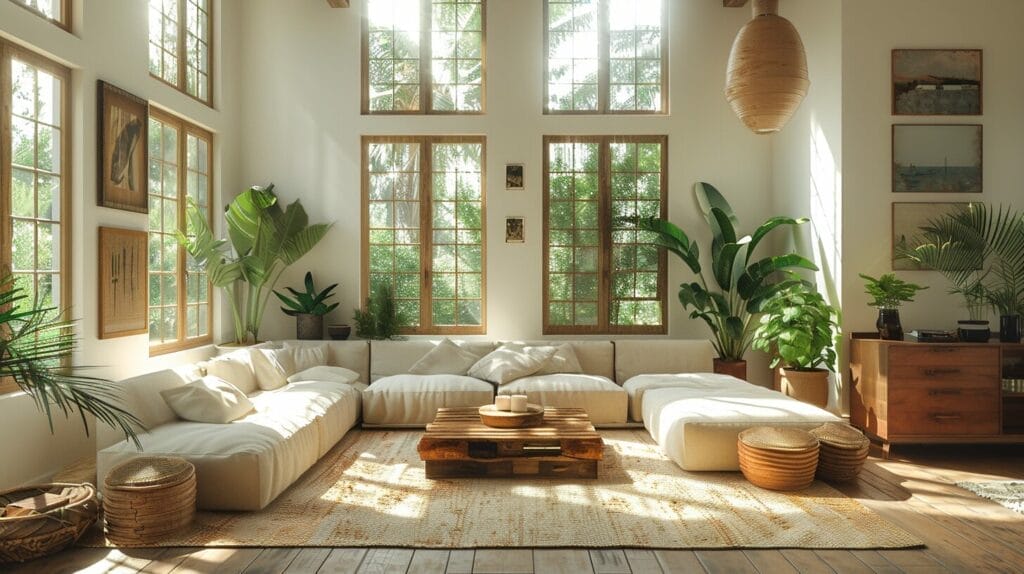 Living room bathed in natural light from large windows