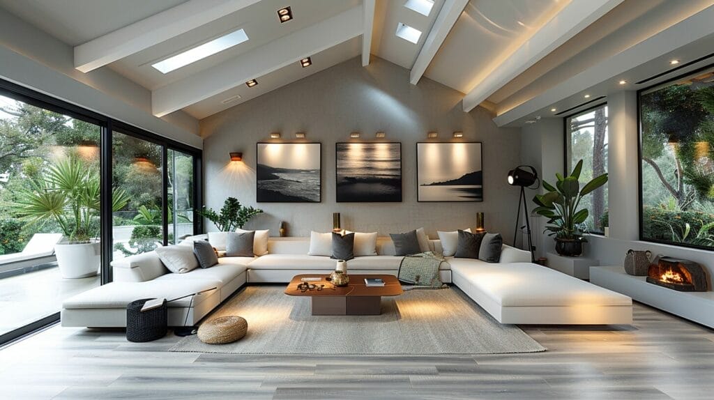 Living room with mixed lighting on a sloped ceiling