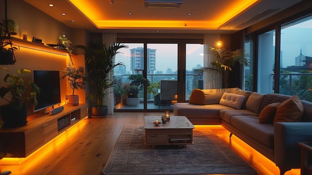 Living room with soft lighting and LED accents.