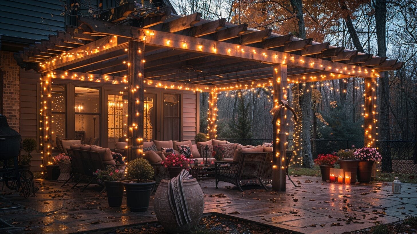Magical backyard patio at night, illuminated by rope lights on pergola, flower beds, and fence.