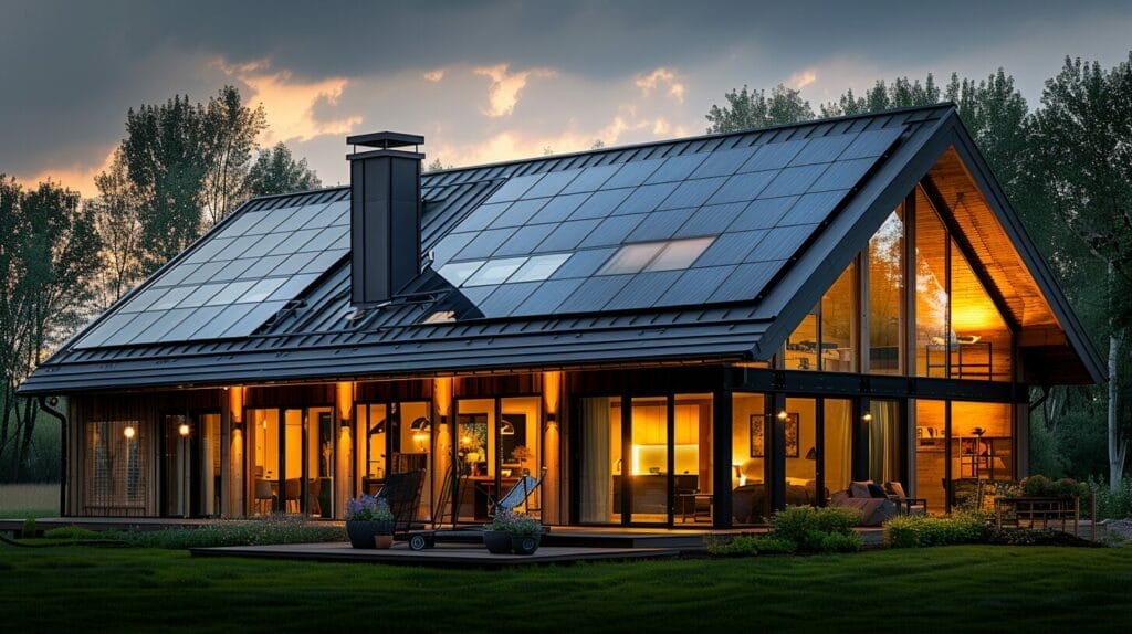 Metal roof with sleek, seamlessly integrated solar panels shining under the sun