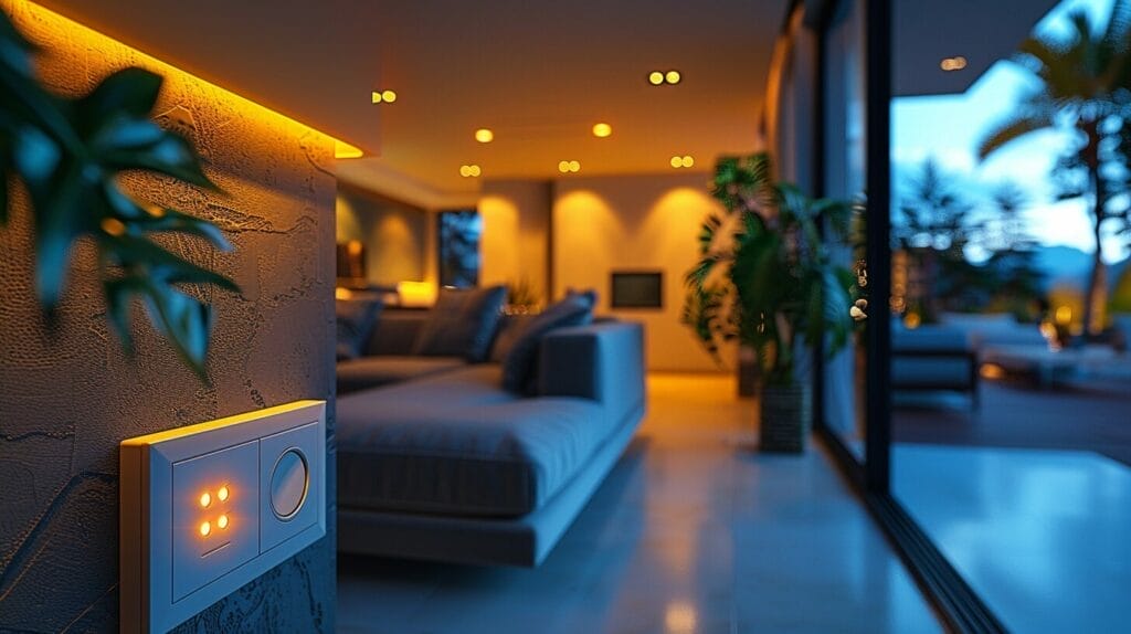 Modern LED dimmer switch glowing softly, showcasing smooth, flicker-free dimming.