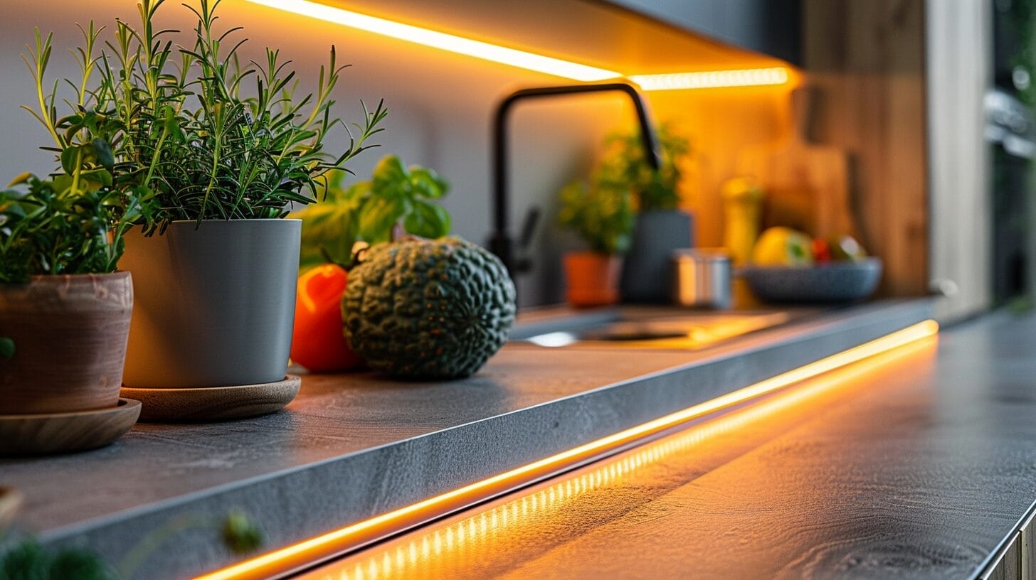 Modern LED motion sensor light installed under a kitchen cabinet, casting a warm glow on the countertop.