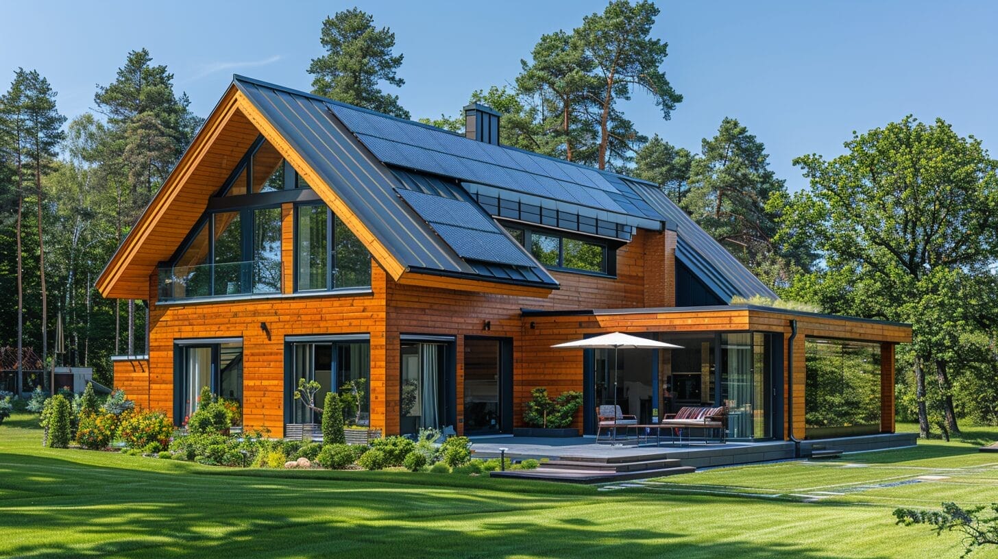 Modern home with solar panels, lush greenery, clear blue sky.