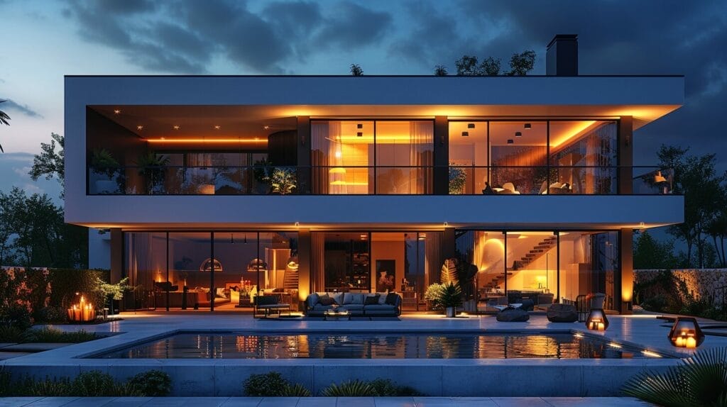 Modern house at night, lit by strategically placed, sleek wireless motion sensor lights for security.
