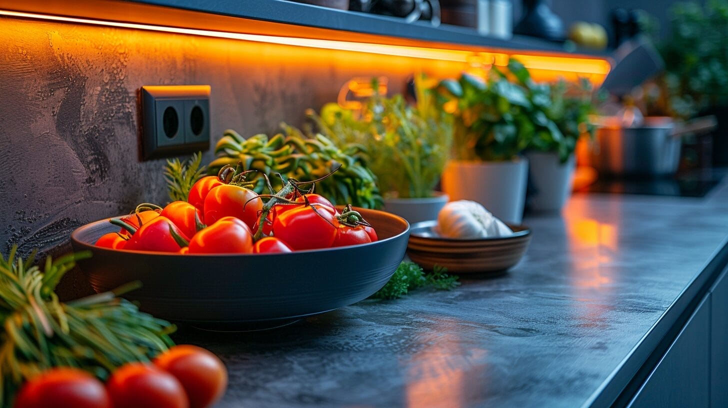 Modern kitchen with LED lighting and fresh vegetables.