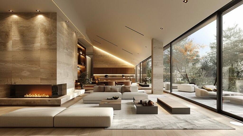 Modern living room with track lighting on sloped ceiling