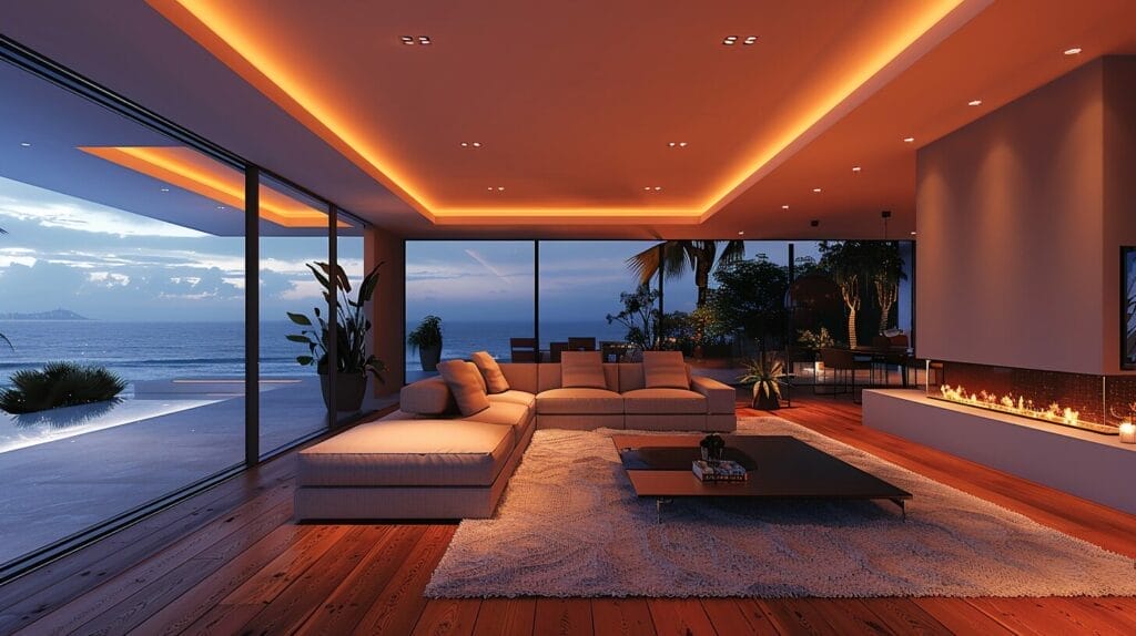 Modern low-ceiling living room with sleek lighting fixtures including recessed, track lighting, and pendants.