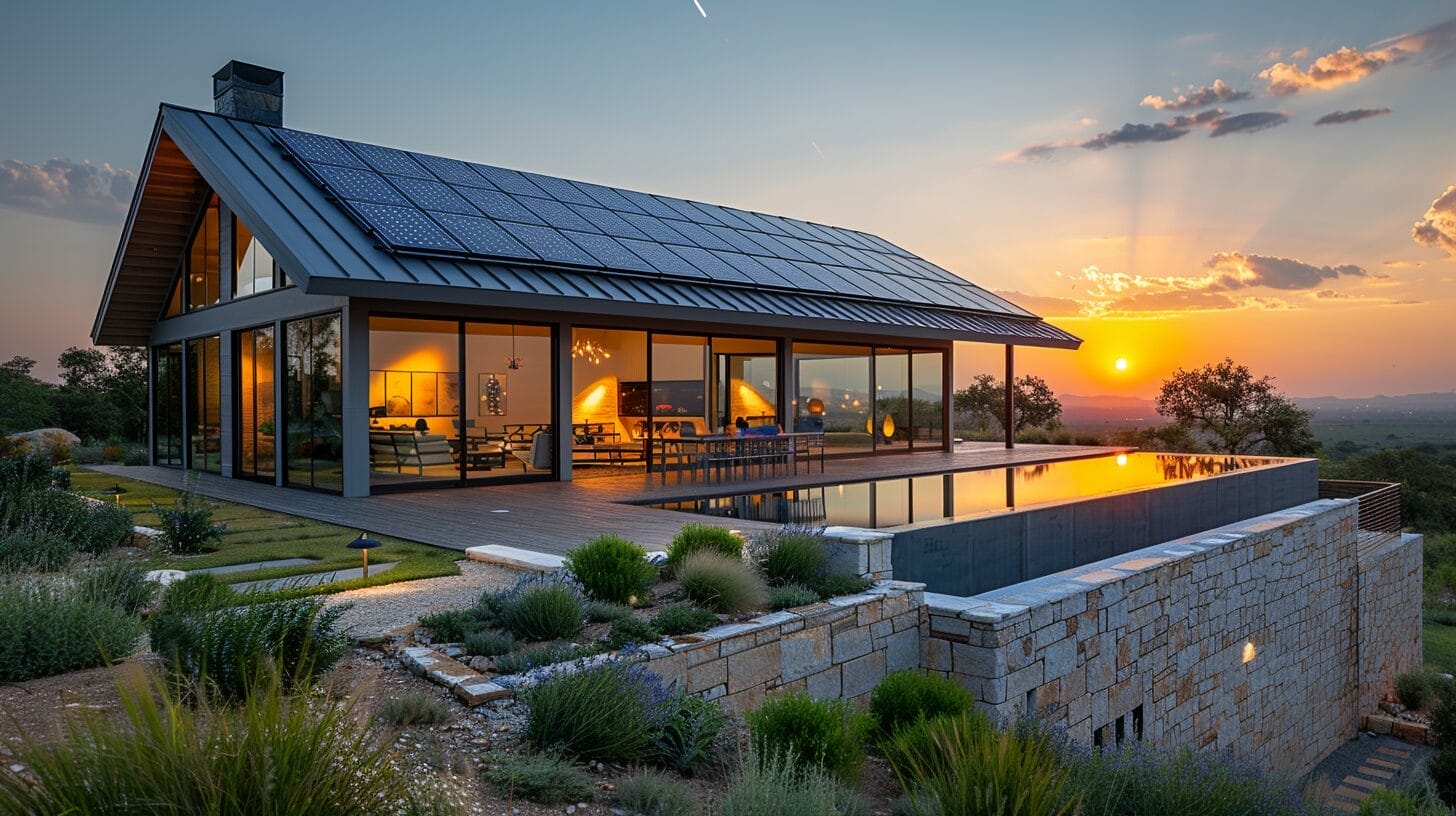 Modern metal roof with neatly arranged solar panels reflecting sunlight