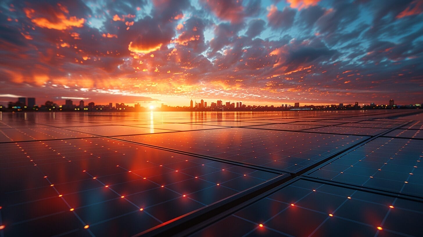 Modern rooftop in Perth with solar panels in sunlight.