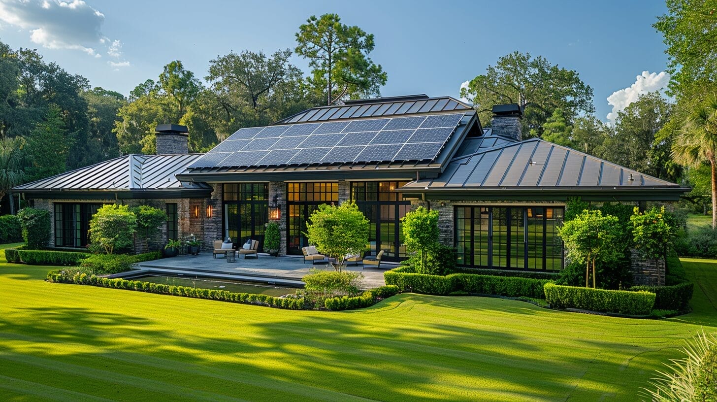 Modern solar-powered home amidst greenery under a clear blue sky.
