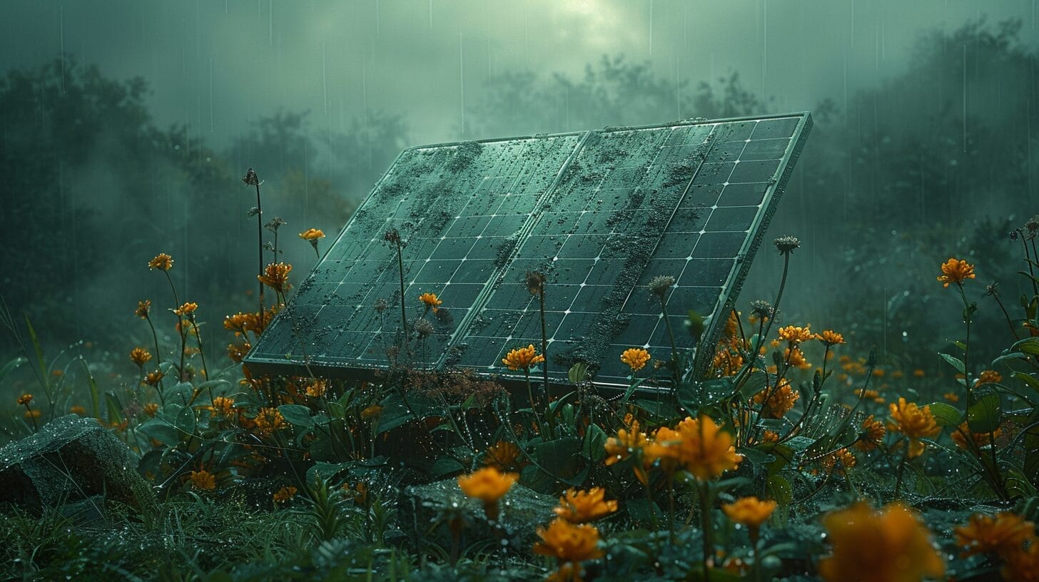 Neglected solar panel surrounded by dead vegetation under a gloomy sky