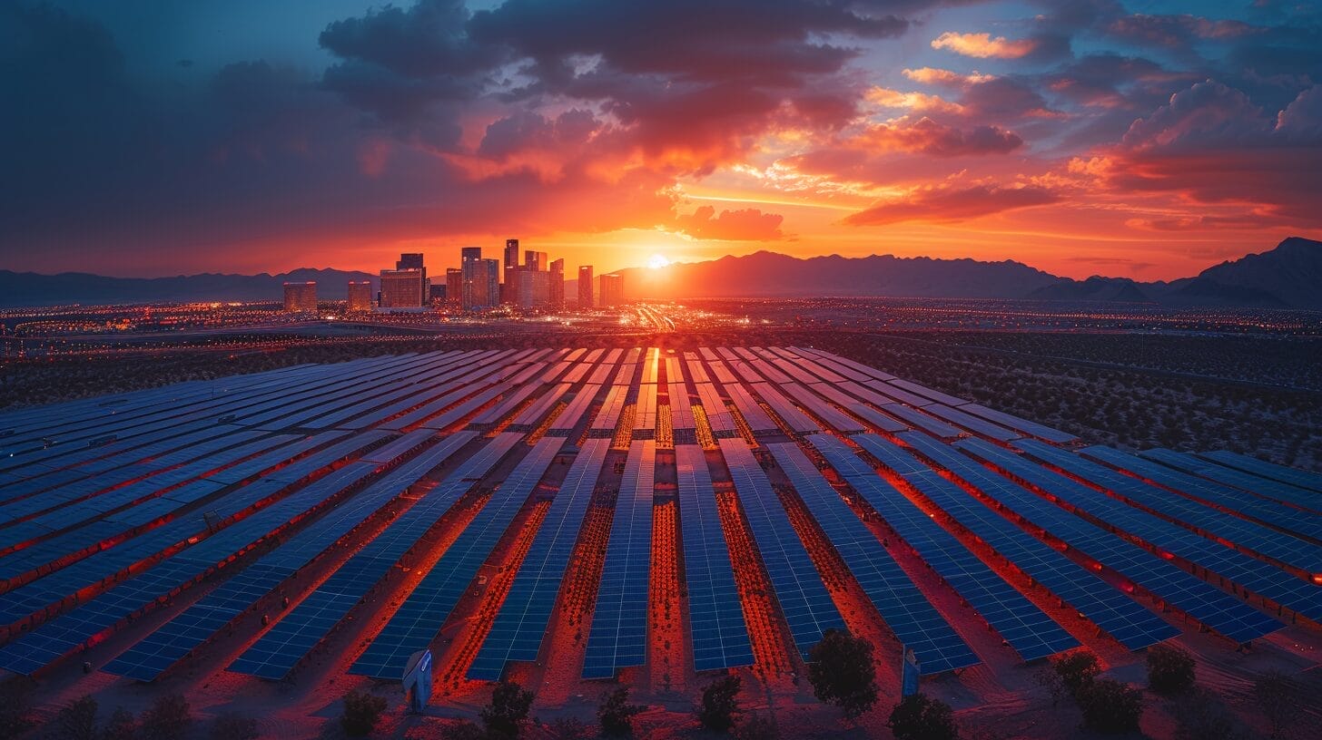 Nighttime Las Vegas skyline with glowing city lights and foreground solar panels reflecting desert sun.