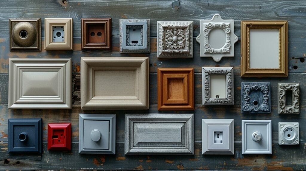 Overhead view of various outlet covers and wall plates with measuring tape.