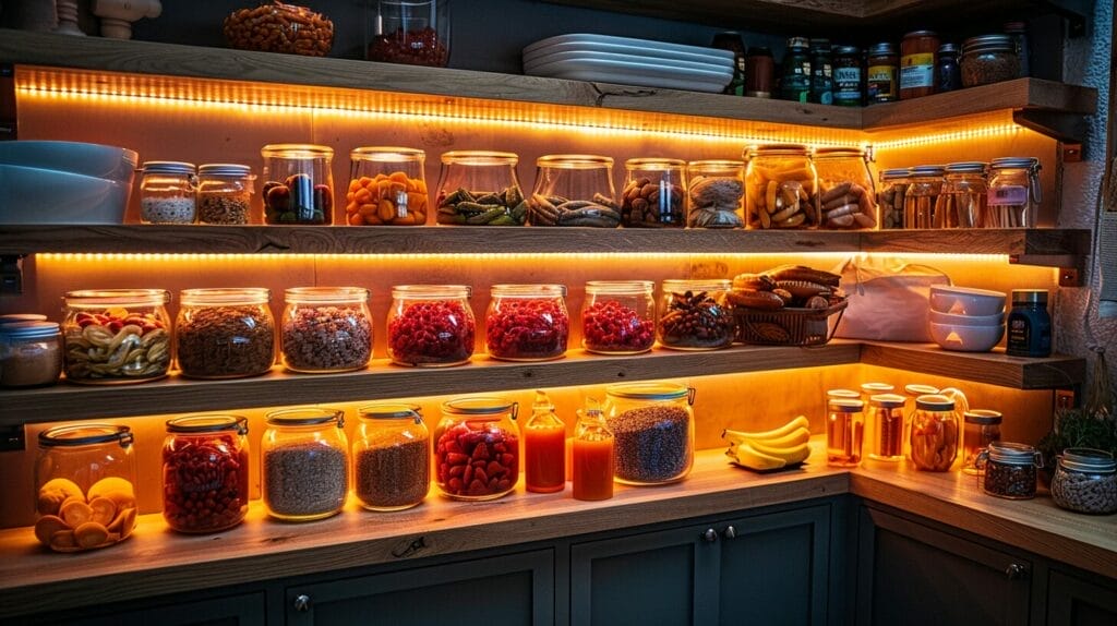 Pantry with warm LED under cabinet lights emphasizing visibility and aesthetics.