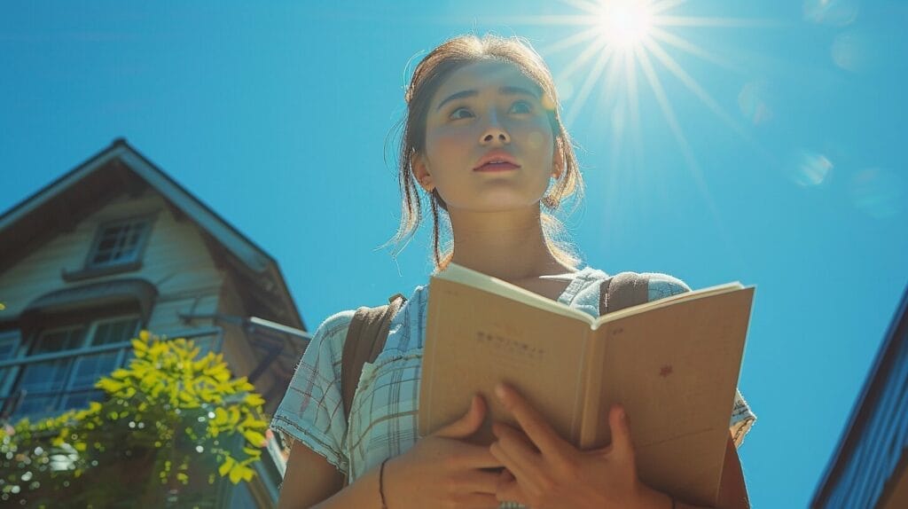 Person holding US solar panel brochure under bright sun.