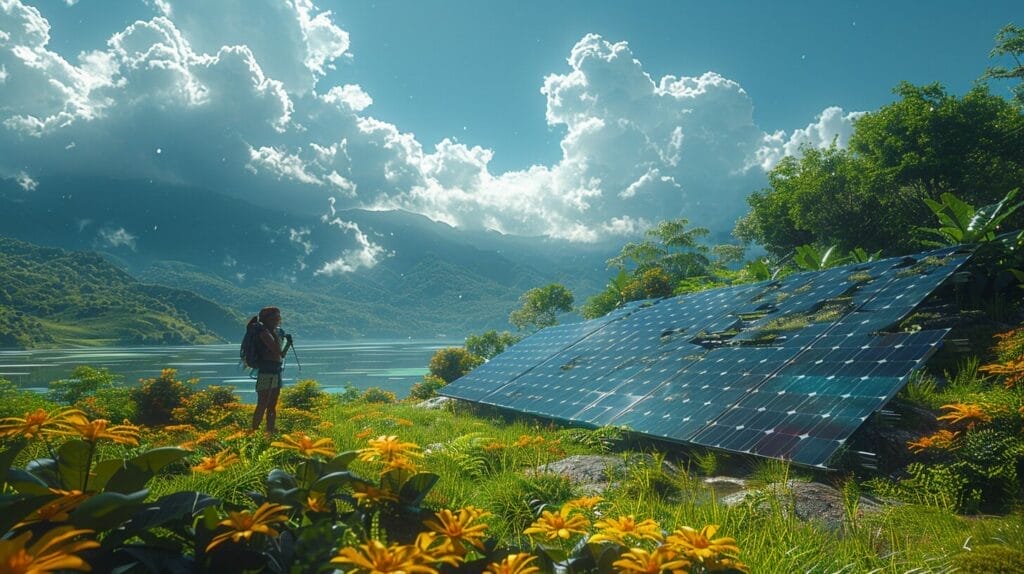 Person maintaining off-grid solar system in lush location.