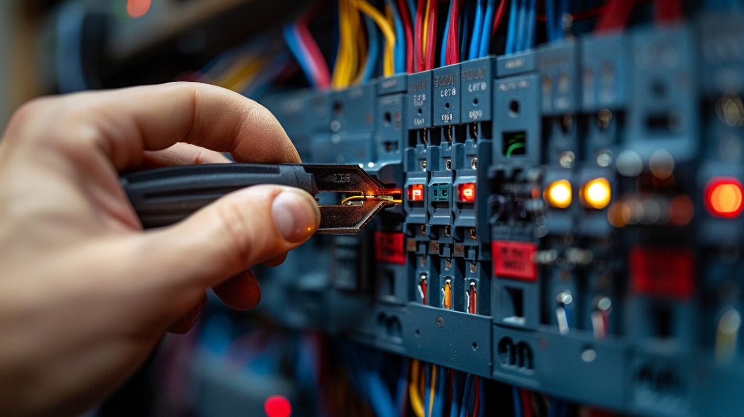 Person using wire strippers on wire, connecting to light switch and outlet.