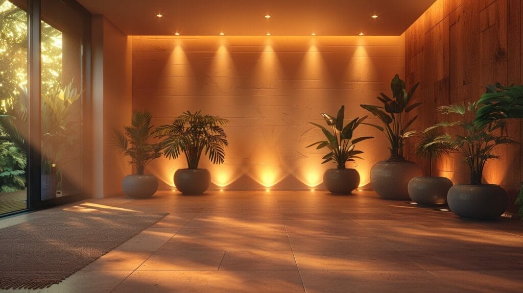 Recessed lighting strategically placed in a small foyer with a low ceiling, casting a warm, brightening glow.