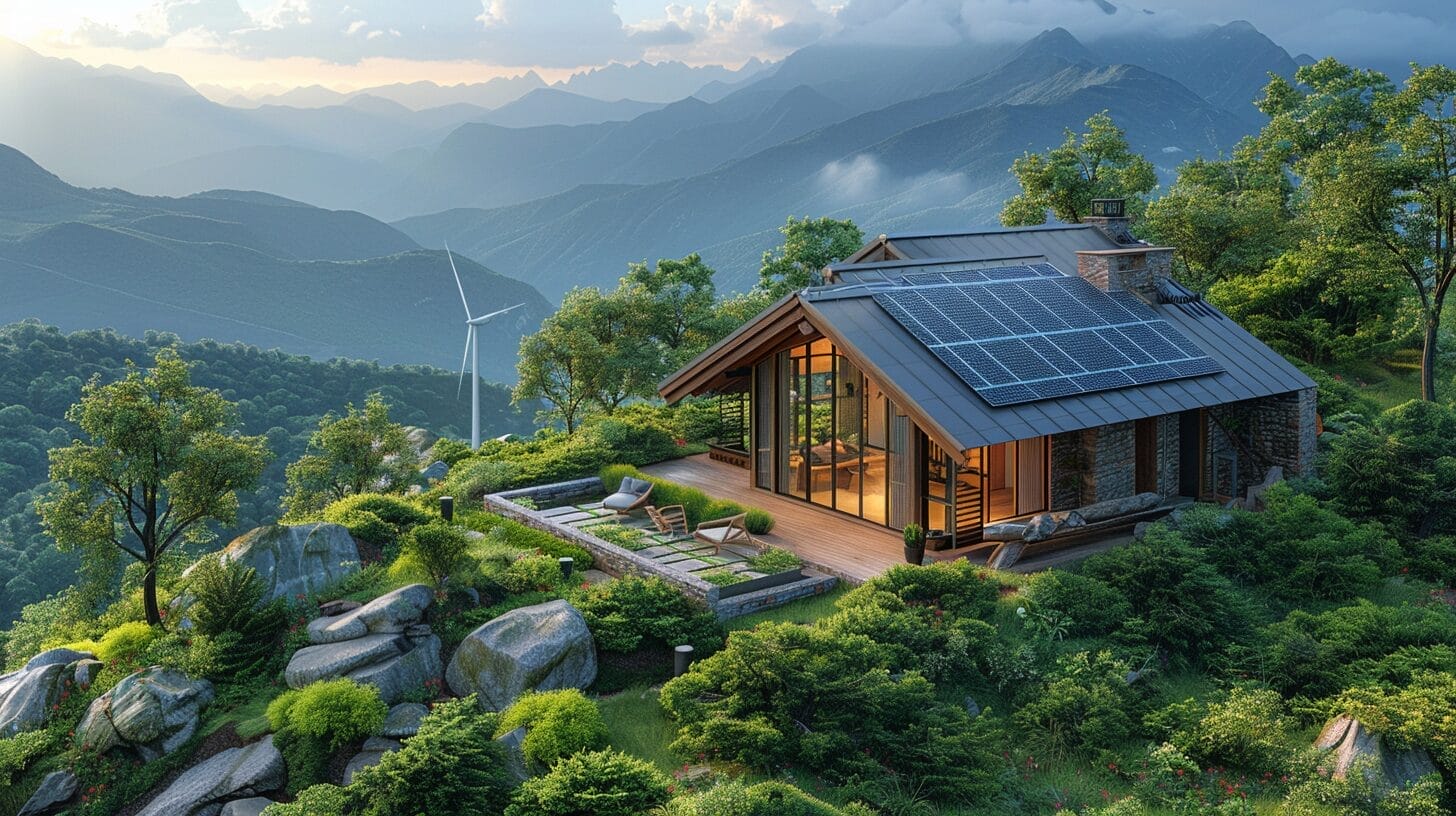 Remote cabin in mountains with solar panels and wind turbine.