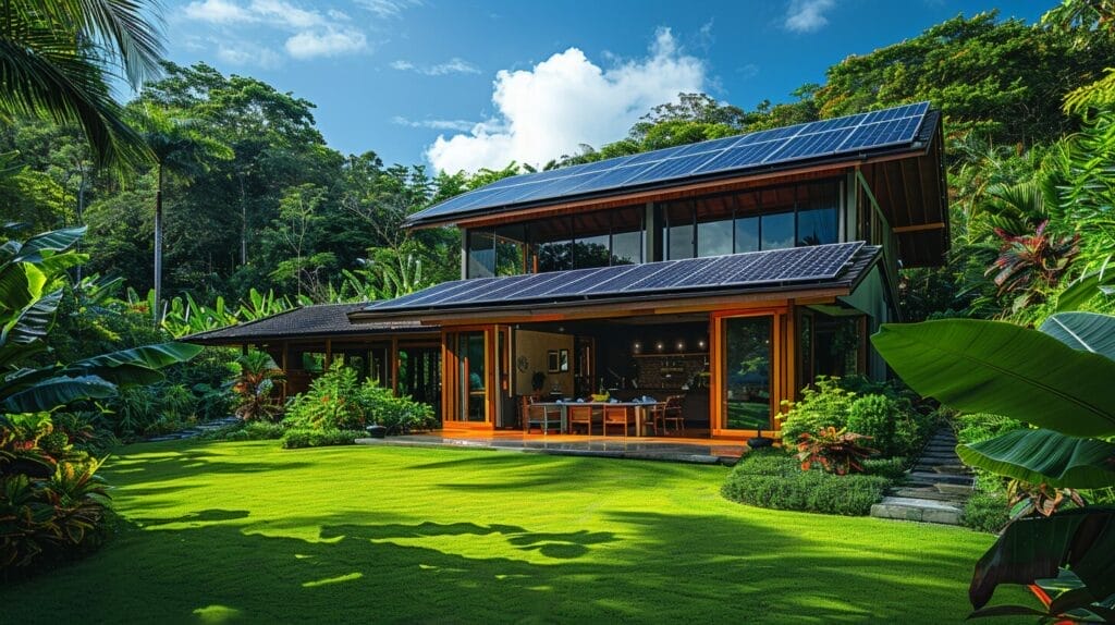 Residential home with shiny solar panel roof, lush greenery, clear blue skies.