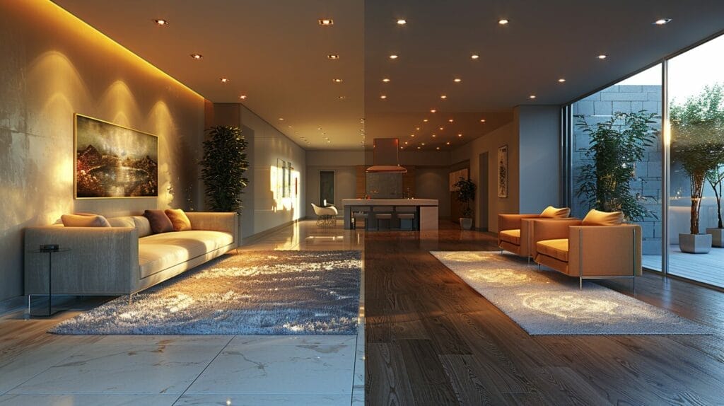 Room transformation from traditional can lights to modern LED recessed lights, emphasizing brightness and energy efficiency.